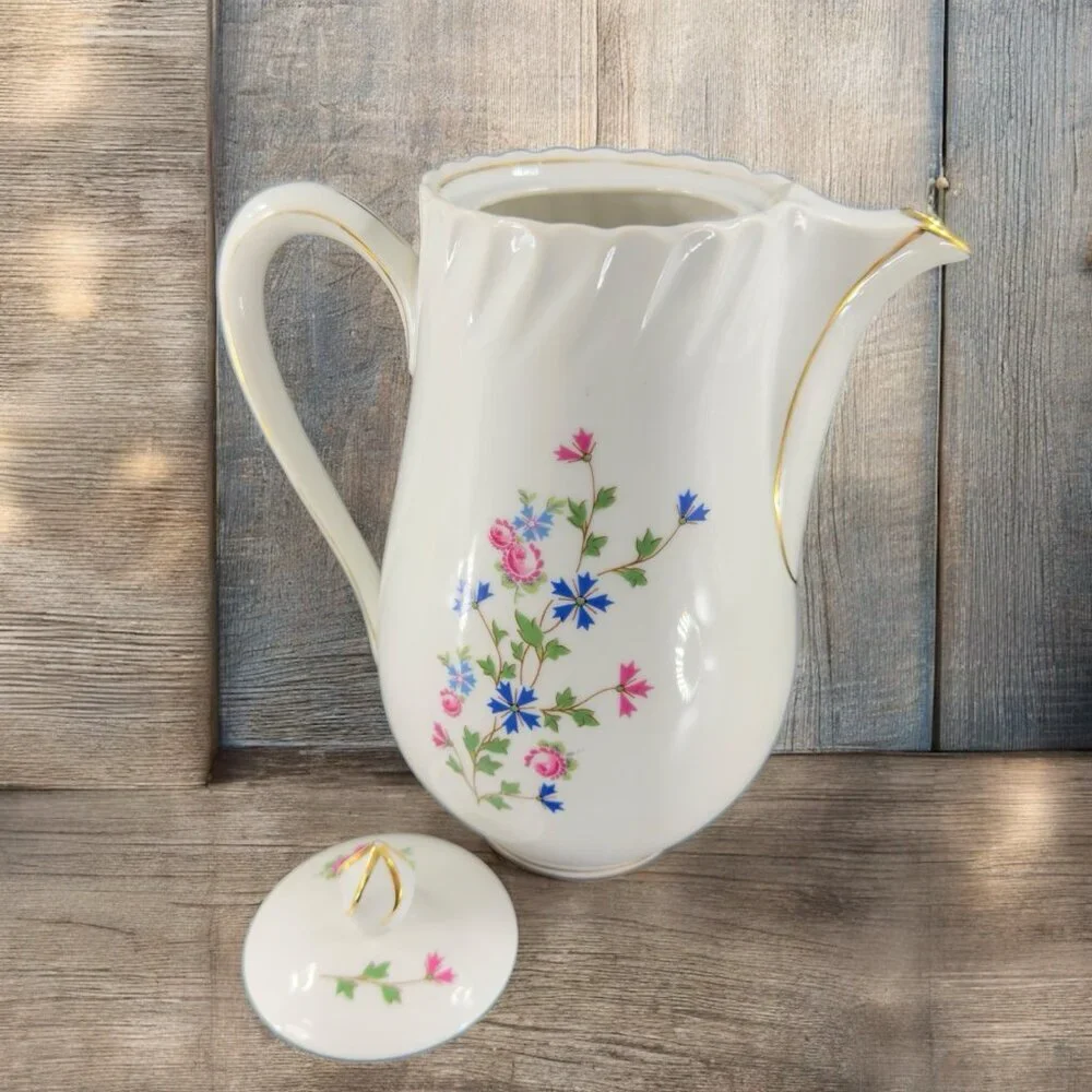 Louis Lourioux LE FAUNE Porcelain Teapot Carafe Coffee Pot France Floral Vintage